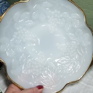 Vintage Anchor Hocking Milk Glass Grape Bowl with Gilded Trim – Marked #44